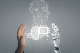 webinar IA applicata all'HR - sfondo grigio, mano umana e di robot, immagini connessioni ia