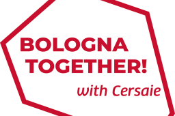 BOLOGNA TOGETHER WITH CERSAIE Scritta rossa su sfondo bianco: Bologna together