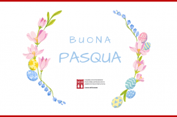 buona pasqua dalla camera di commercio di bologna - ghirlanda uova e fiori azzurri rosa gialli, logo camerale