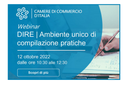 webinar 12 ottobre 2022: DIRE - ambiente unico di compilazione pratiche registro imprese - logo bianco camere di commercio su sfondo azzurro, mano con matita per appunti