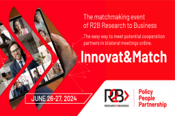 R2B 2024 Innovat&match, 26 e 27 giugno 2024 R2B 2024 Innovat&match, 26 e 27 giugno 2024 - scritta bianca su sfondo rosso, freccia stilizzata con volti su tablet