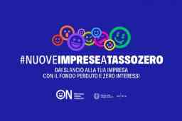 Nuove imprese a tasso zero scritte bianche su sfondo blu con emoticon in vari colori