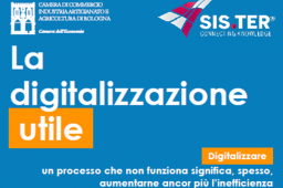 Webinar la digitalizzazione utile - scritta bianca, sfondo azzurro, loghi camera di commercio di bologna e sis.ter Webinar la digitalizzazione utile - scritta bianca, sfondo azzurro, loghi camera di commercio di bologna e sis.ter