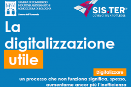 Webinar la digitalizzazione utile - scritta bianca, sfondo azzurro, loghi camera di commercio di bologna e sis.ter