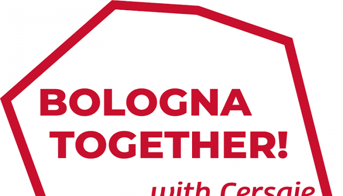 Scritta rossa su sfondo bianco: Bologna together