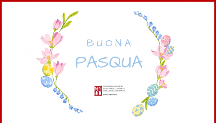 buona pasqua dalla camera di commercio di bologna - ghirlanda uova e fiori azzurri rosa gialli, logo camerale