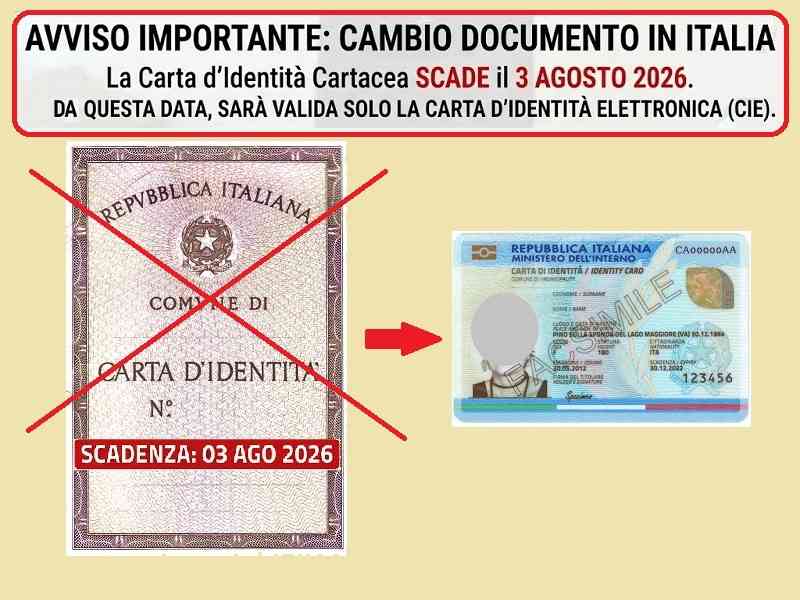 DAL 3 AGOSTO 2026 STOP ALL'UTILIZZO DELLA CARTA D'IDENTITÀ CARTACEA
