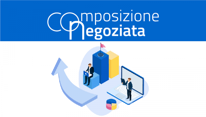 COMPOSIZIONE NEGOZIATA CRISI D'IMPRESA - lavoratore a pc seduto su terzo gradino di un podio