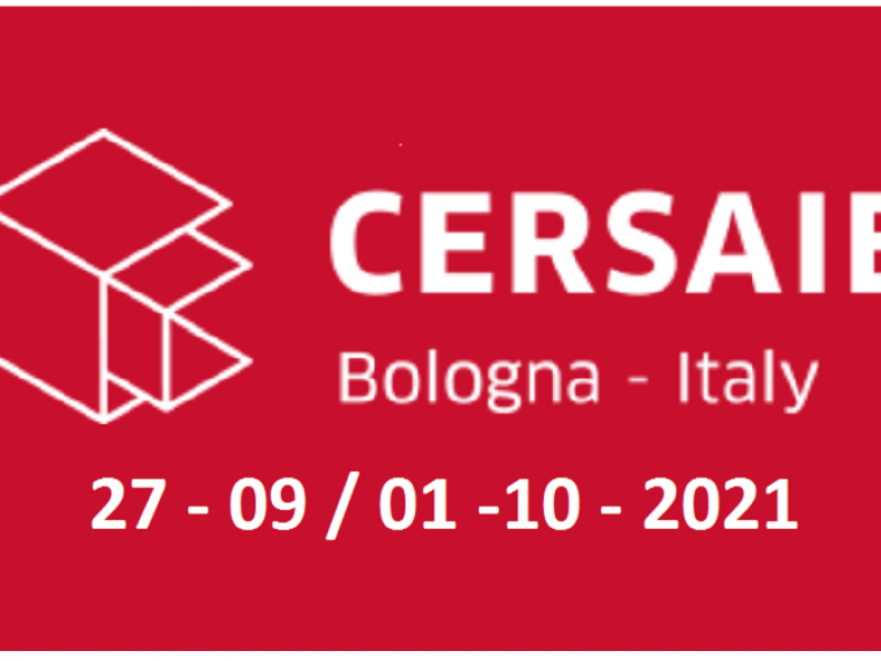 logo CERSAIE Bologna scritte in bianco su fondo rosso