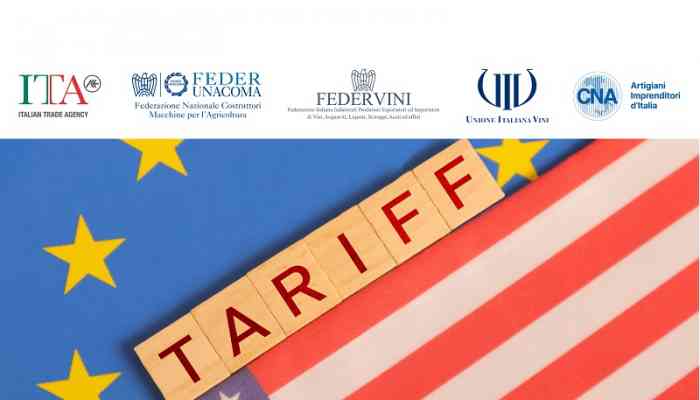 Webinar dazi Usa 14 aprile 2025 - bandiera stelle e strisce, scritta tariff