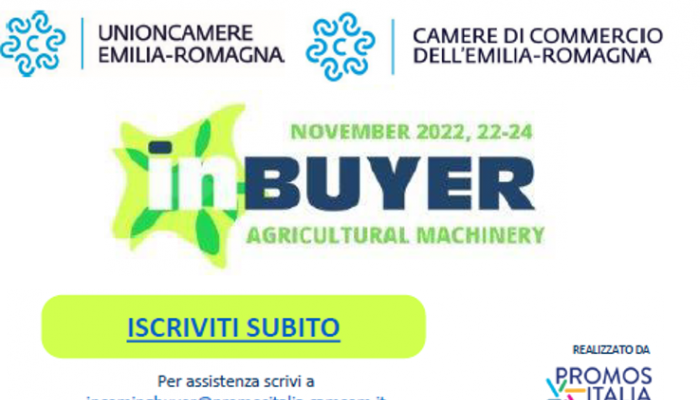 partecipazione a InBuyer Agricultural Machinery 22-24 novembre 2022 - logo unioncamere e camere di commercio emilia romagna, promos italia