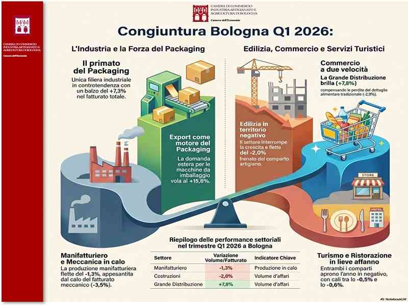economia bolognese 1 trimestre 2026 - infografica con settori in rallentamento e settori in crescita economia bolognese 1 trimestre 2026 - infografica con settori in rallentamento e settori in crescita