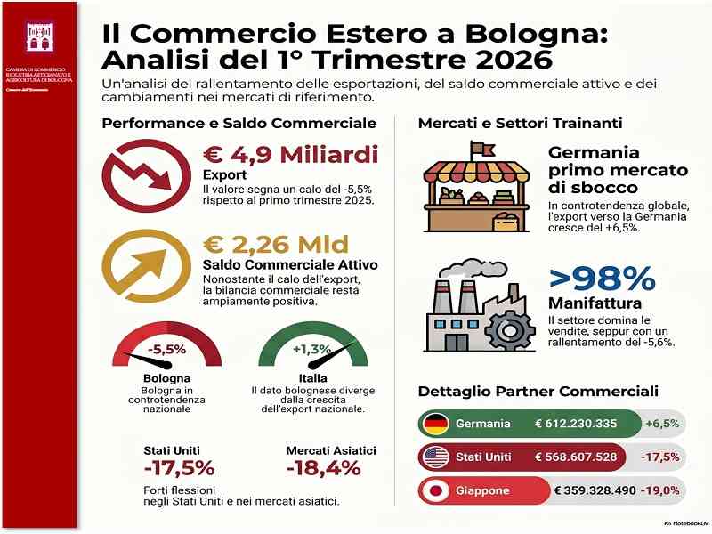 commercio estero a bologna nel 1 trimestre 2026 - infografica bilancia commerciale e principali destinazioni