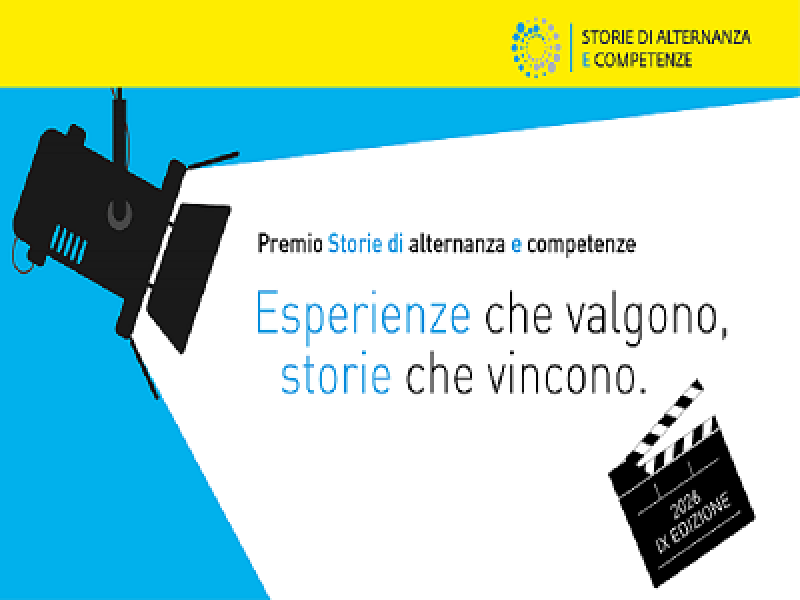 premio storie di alternanza e competenze 2026 - riflettore che illumina ciack, scritta esperienze che valgono, storie che vincono