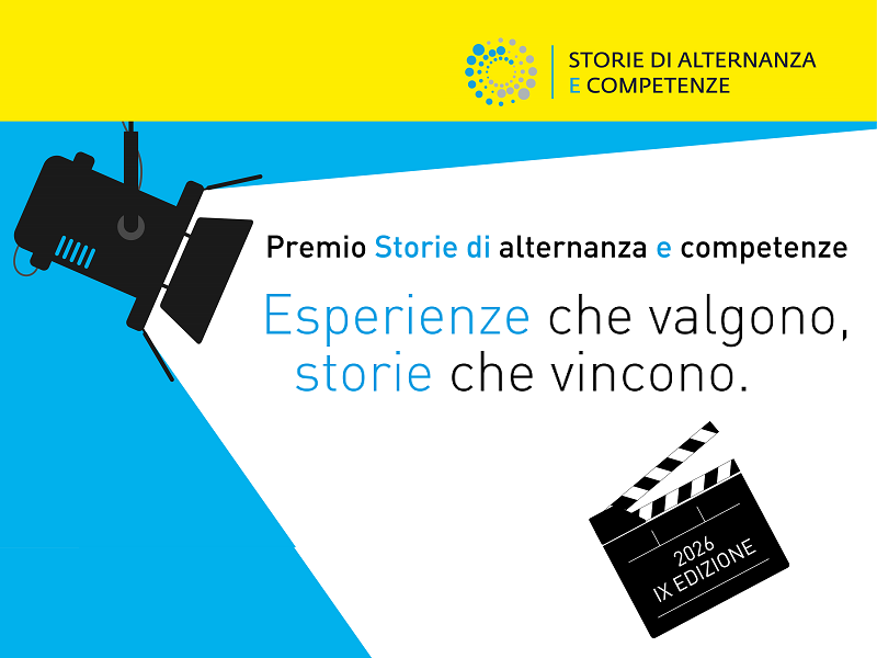 premio storie di alternanza e competenze 2026 - riflettore che illumina ciack, scritta esperienze che valgono, storie che vincono
