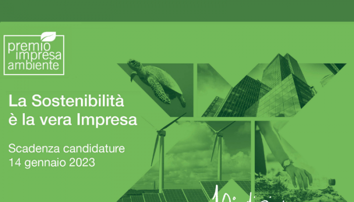premio impresa ambiente 2022 10a edizione - sfondo verde, x stilizzata con immagini sostenibilità
