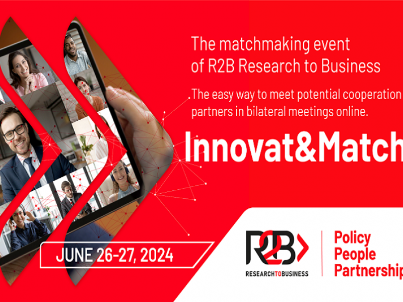 R2B 2024 Innovat&match, 26 e 27 giugno 2024 - scritta bianca su sfondo rosso, freccia stilizzata con volti su tablet
