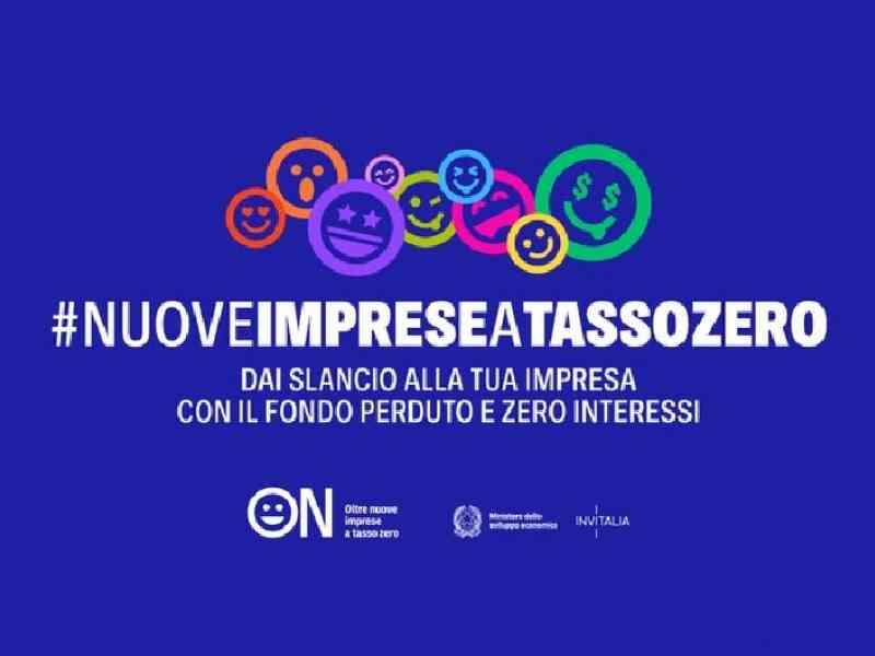 Nuove imprese a tasso zero scritte bianche su sfondo blu con emoticon in vari colori