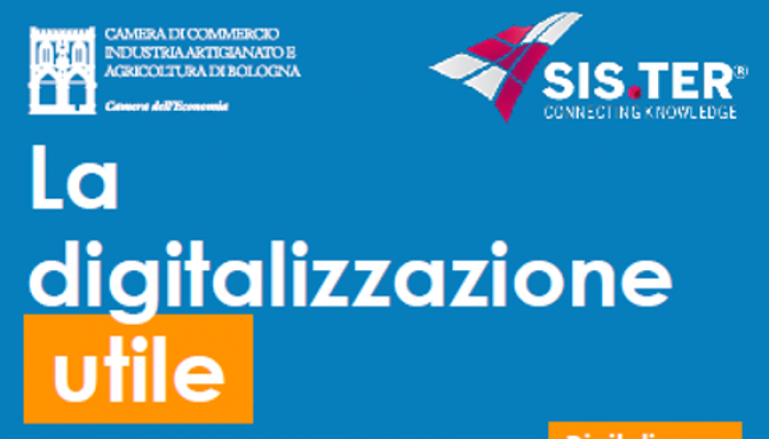 Webinar la digitalizzazione utile - scritta bianca, sfondo azzurro, loghi camera di commercio di bologna e sis.ter