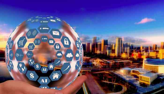 vita media imprese e imprenditori 2021 - mondo con icone digitali, sfondo metropoli