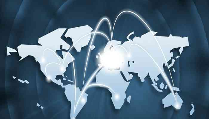 commercio estero bolognese a settembre 2022 - mappa bianca su sfondo blu, connessioni tra continenti